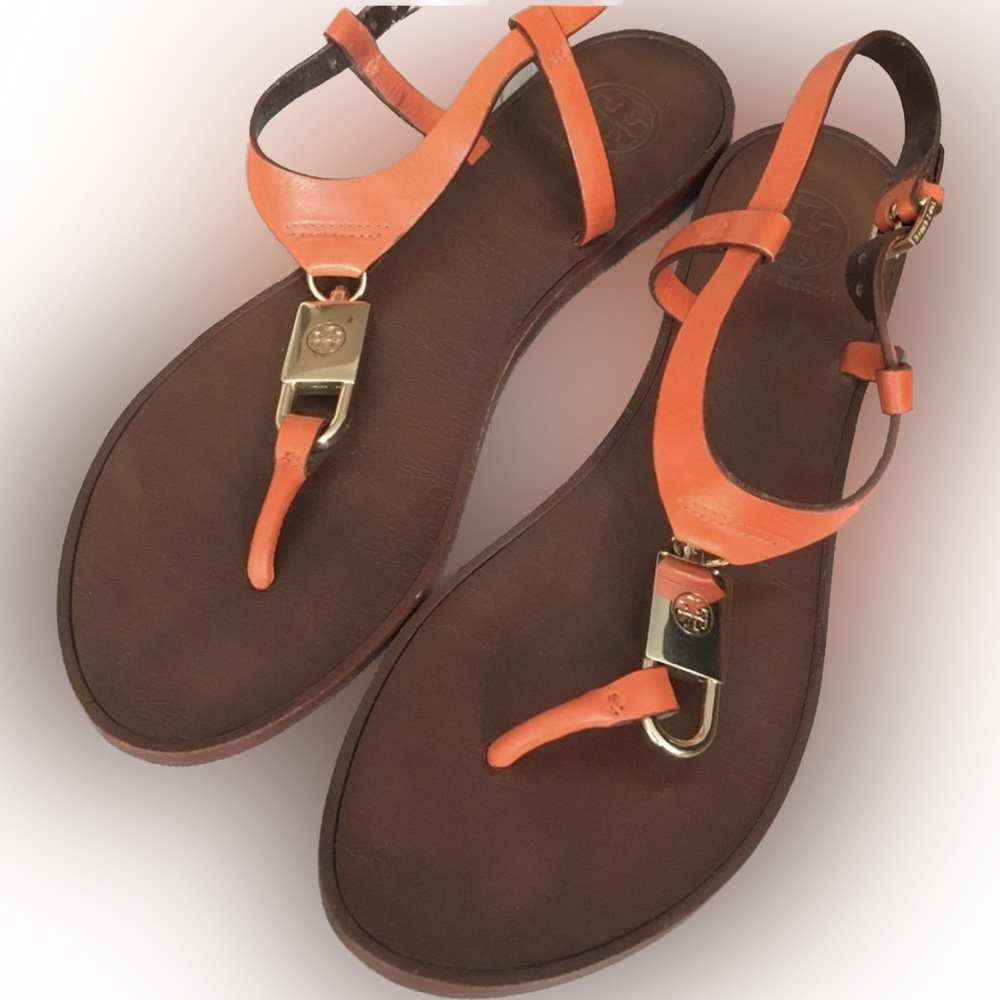Tory Burch | Padlock Leather T-Strap Flat Thong Sandal - Orange.